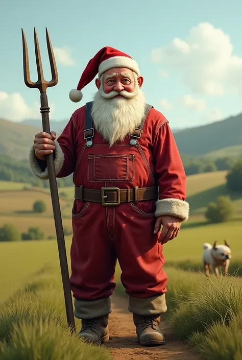 🎅+👨🏻‍🌾=  A farmer Santa Claus wearing old, worn out farmers overalls. He is in a field and at a fork in his hand .