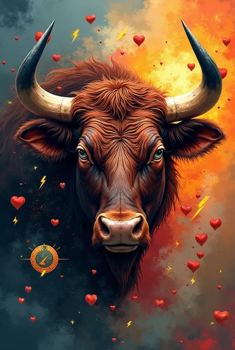 Draw a bulls face with strength symbols, Energy, Love 