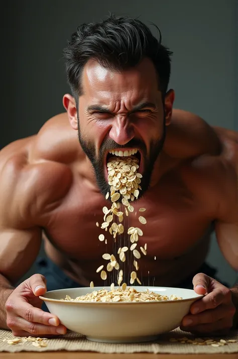 Image of a man chugging oats and hes muscular 