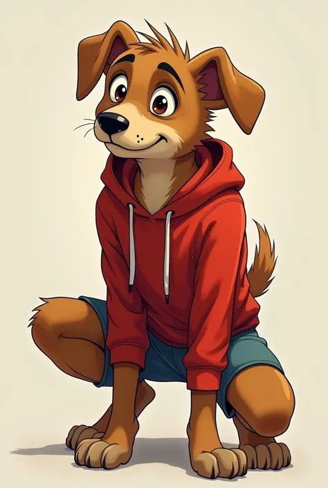 Illustration of teen age Anthropomorphic dog boy creature The Mongrel Aka Luca Minnelli  old, wearing red hoodie and shorts crouching