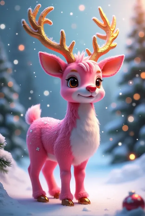 A pink Christmas reindeer with trim 