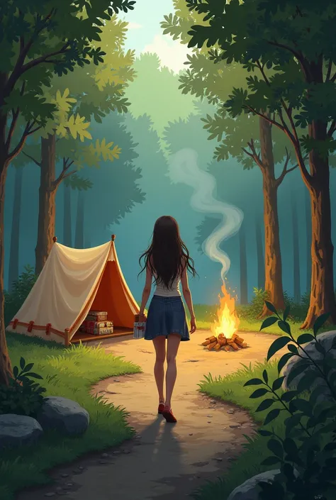 A  (Lily) walking away from a campsite with a tent and a campfire burning in the background. She should be in the center of the image, looking curious and adventurous.