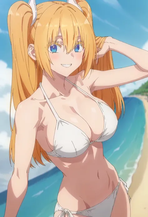 Liliel,  long hair, blonde, 1 ,  Blue Eyes, Between the Eyes , twintails, two side above, Alone,  Big breasts ,     white bikini, sexy ,  sexy poses , smiling, beach, score_9, score_7_above, Anime coloring page  ,source_anime, anime,  anime screencap