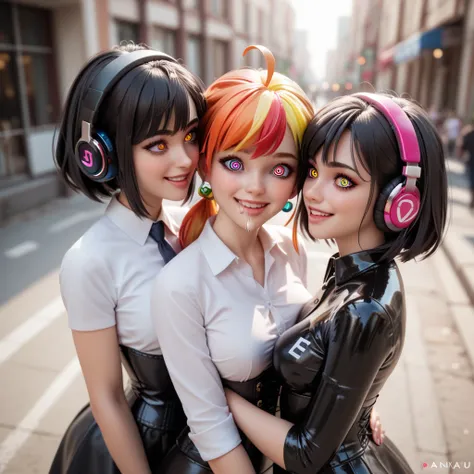 3 girls standing in the city, Ahoge,  black hair, smile, Lens reflection,  reflecting light , Latex polo shirt in extremely tight shiny rainbow colors, Spiral eyes, corset,from above, embrace,saliva, salivafluss, salivaspur, headphones 