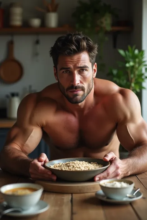 Image of a man eating oats and hes muscular 