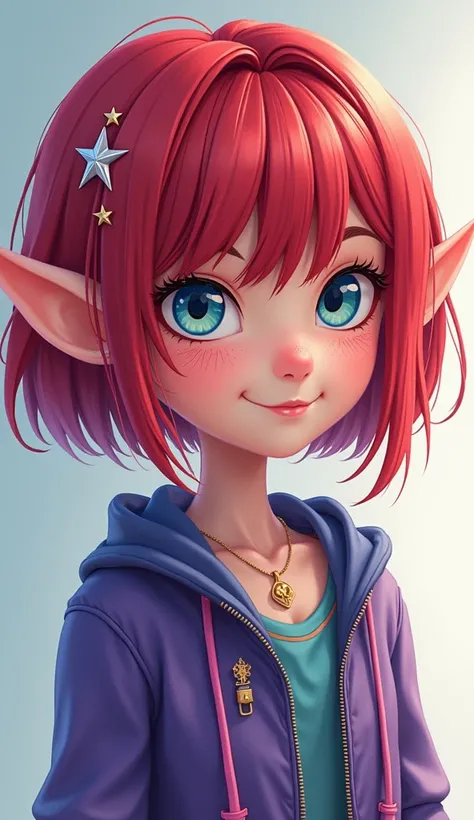  draw a girl lola an elf with red and purple short hair,  straight short bangs ,  blue-blue eyes ,The shape of her eyes stretched out to the top her eyebrows are short in the form of circles ,  you can see stars ,  on the right side she has two thin pink c...