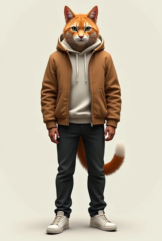 Cat human body  legs hands brown jacket Black jeans costume white sneakers straight work