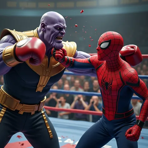 Create a photo of Thanos delivering a powerful punch to Spider-Man in a boxing ring. The image should be highly detailed, showing the intense moment of impact with blood and debris. Thanoss face should convey anger and power, while Spider-Mans expression s...