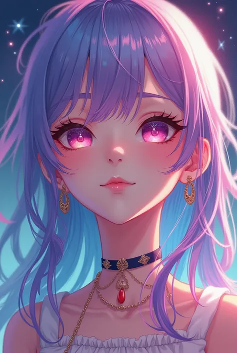 a close up of a woman with colorful hair and a necklace, anime girl with cosmic hair, rossdraws pastel vibrant, artwork in the style of guweiz, fantasy art style, colorful]”, vibrant fantasy style, rossdraws cartoon vibrant, cosmic and colorful, guweiz, co...