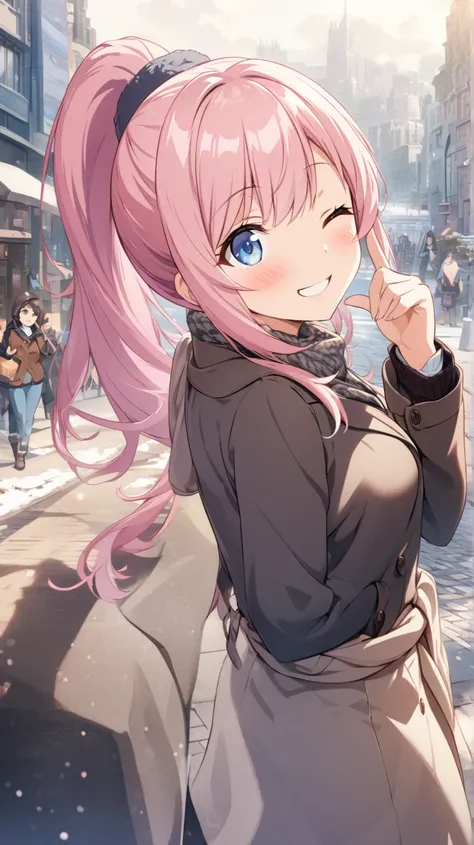 masterpiece、 best quality、 Hi-Res CG Unity 8K Wallpaper 、 high school girl anime illustration 。  1 girl、Nice hands、perfect hand、  pink hair 、 long ponytail、The background is a pale pastel colo赤 landscape. smiles,  blush, Put on a suit、 poster/magazine illu...