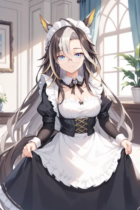 NSFW,masterpiece, top quality, high definition , very detailed,Dream Journey,Dream Journey(Horse Girl),Glasses,smile, maid clothes