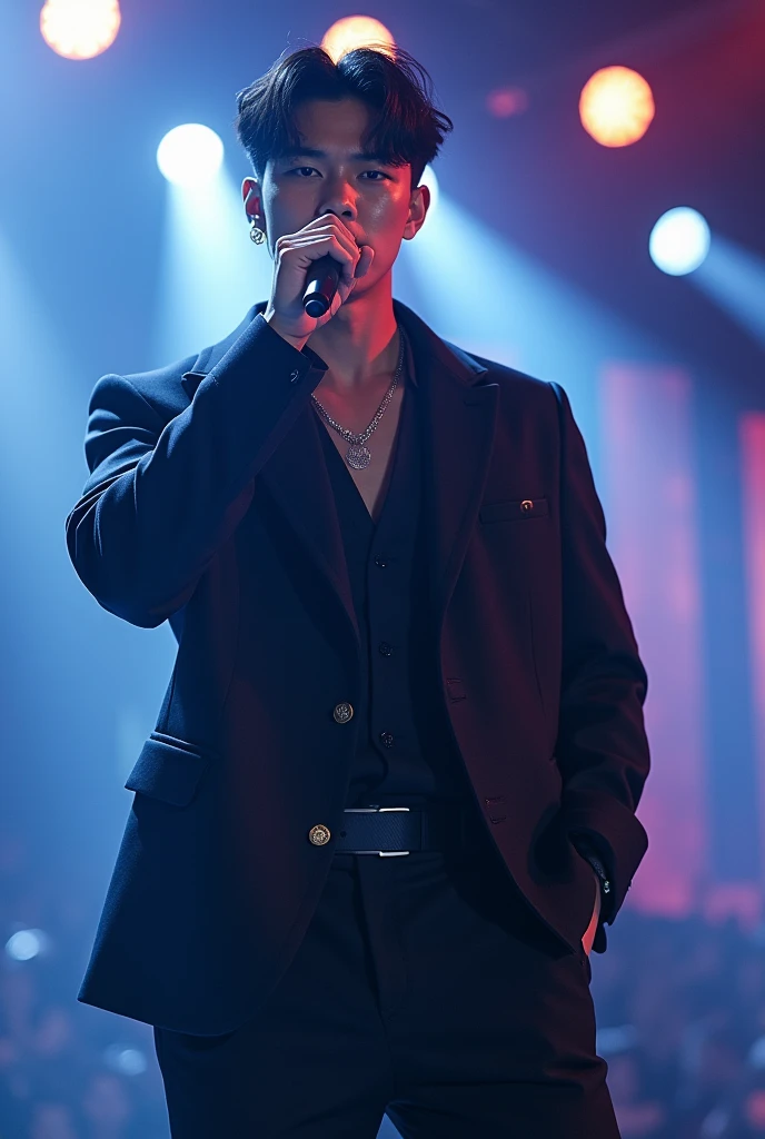 male rapstar idol from kpop on a stage holding a microphone and doing an ending pose，the stage design have some lighting spot on the idol. The background should have abit Gaussian blur. 