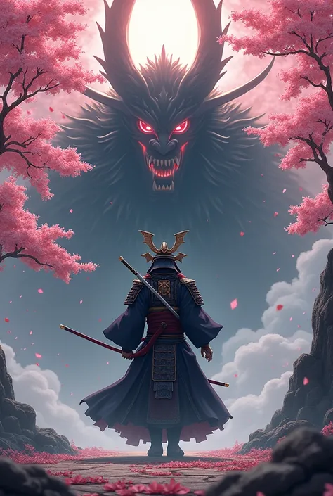  Japanese design God Susanoo , Samurai, Katana and Oni ,  with a background of a peach tree;  semi-realistic with anime 