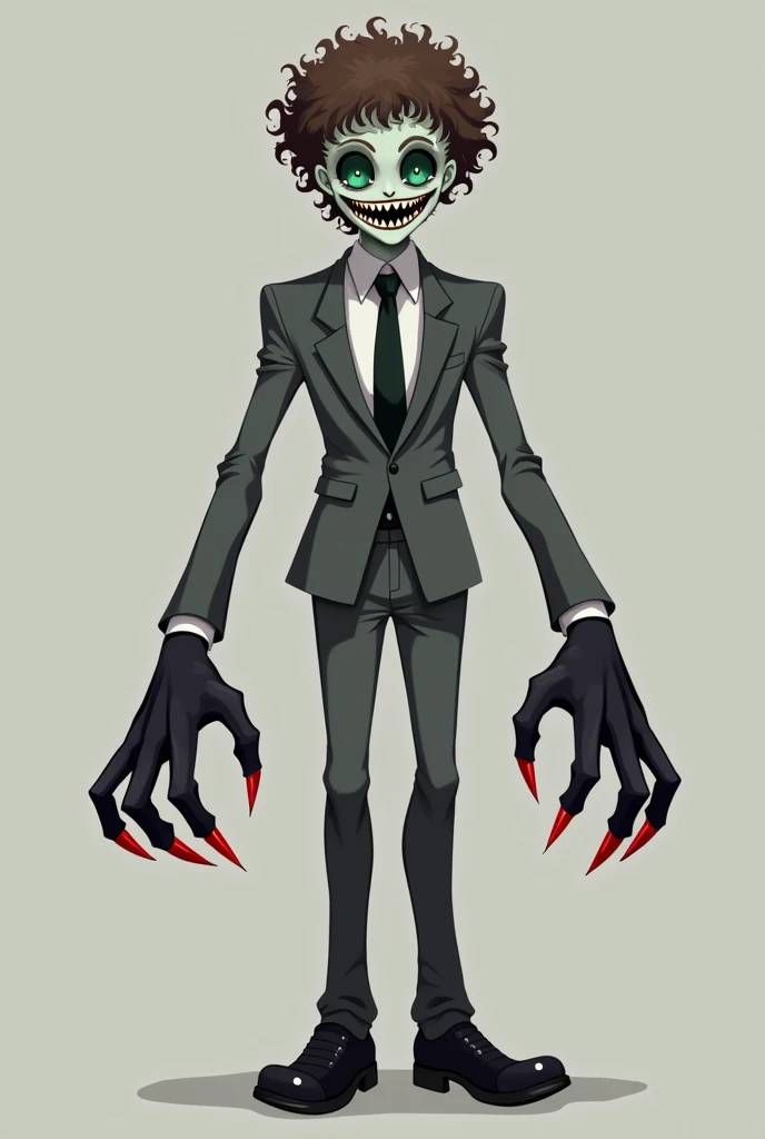  white humanoid creature with curly brown hair, empty black eyes and green pupils , empty black smile without teeth ,tall and thin, in gray open suit with black tie , black shoes , black hands and sharp red claws , in battle position ,on gray canvas  ,2D a...