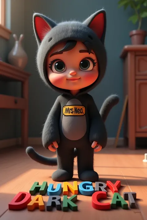 3D cartoon image of a boy wearing a dark cat costume with the name Mrs Nea on the front of her cat costume. On the floor is the name "HUNGRY DARK CAT" written in 3D letter style, colorful letters. All names must be complete and correct spelling. Looking at...