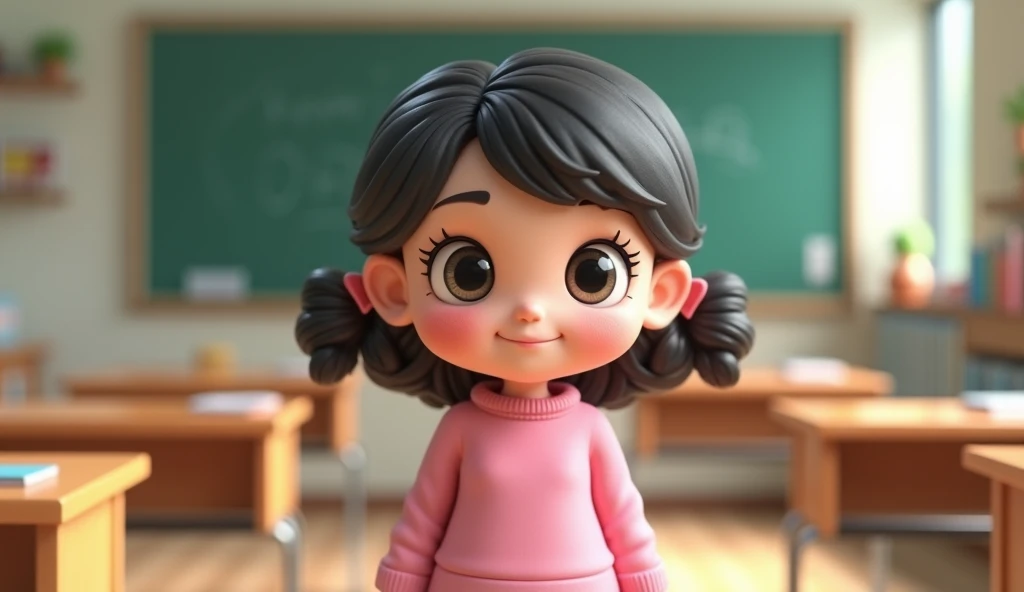  girlfriend wearing pink long-sleeved top ,  slightly curled hair tied shoulder-high, big eyes glitter , having a limb , Face, ChiBi 3D style is standing in the classroom.