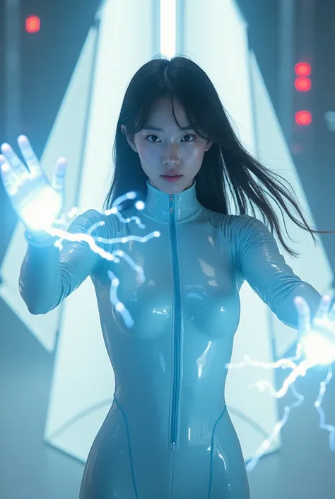  a pretty Japanese woman stands in front of a white spaceship,  she is wearing a light blue latex suit ,  the Japanese woman shoots lightning out of her hands , she has long hair, She stretches her hands forward ,  visible electricity on her hands , Flashe...