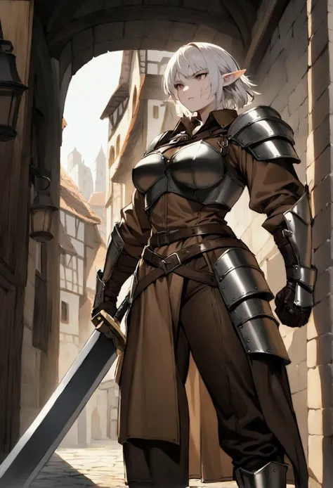 A human with short white hair,  pale skin and deep brown eyes ,  with claw scars on her back and a lightning scar on her right arm .  She wears a dark brown leather suit ,  resistant and aged by time ,  with silver and steel details . The armor covers the ...