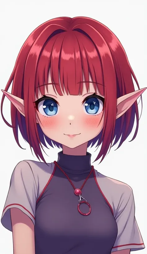  draw a girl lola an elf with red and purple short hair,  straight short bangs ,  blue-blue eyes ,The shape of her eyes stretched out to the top her eyebrows are short in the form of circles ,  you can see stars ,  on the right side she has two thin pink c...