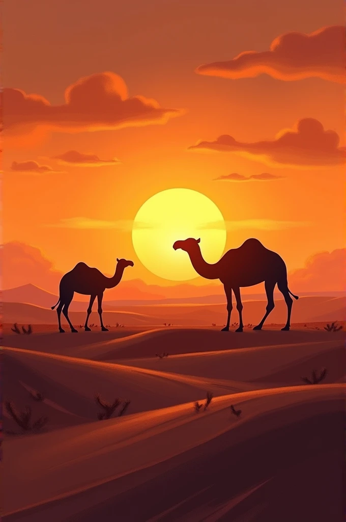 Sunset,dusk,desert,Camels ,Imagist, top quality,Horizontal version