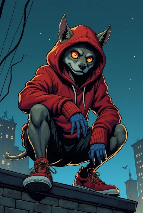 Illustration of  Teen age Anthropomorphic dog boy creature The Mongrel Aka Luca Minnelli  old, wearing red hoodie and shorts crouching  on rooftop at night  comic book art in the style of Jim Lee