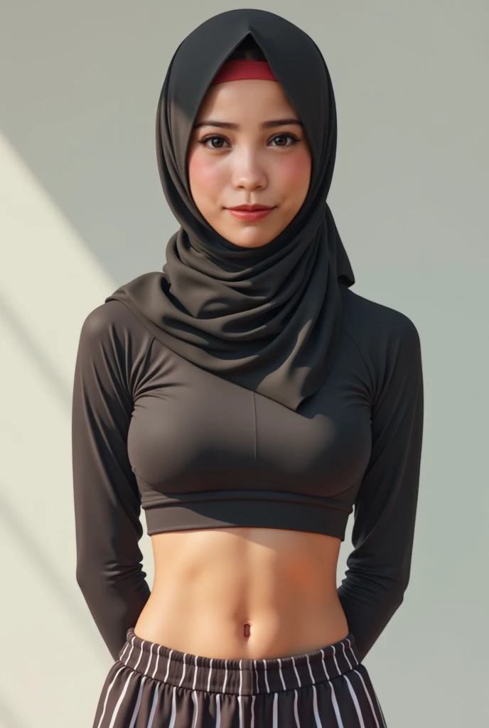 (iu:0.8),cleavage, RAW, Best quality, high resolution, Masterpiece: 1.3, hijabi javanese girl wearing stripe shorts and sports_bra, Masterpiece, Soft smile, kedua belah tangan diletak dibelakang punggung 