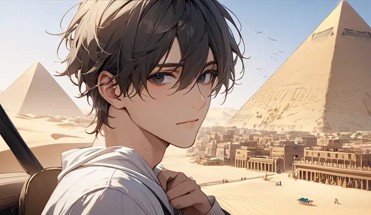  Japanese, 23-26, Handsome man,  fair skin, black eyes（thin eyes 1：3), (Super detailed, best quality, 4K, High resolution, masterpiece:1.3)  , Egypt, background Egypt travel spots, causal wear