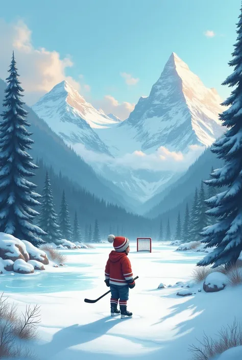 Ice hockey player without equipment wearing a bobble hat on a frozen pond between trees and mountains. goal in the background on the ice .