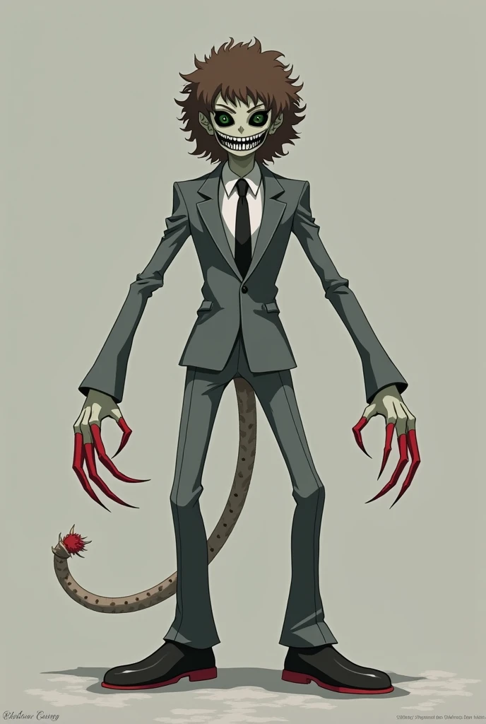  white humanoid creature with curly brown hair, empty black eyes and green pupils , empty black smile without teeth ,tall and thin, in gray open suit with black tie , black shoes , black hands and sharp red claws ,long arms and very long legs, in battle po...