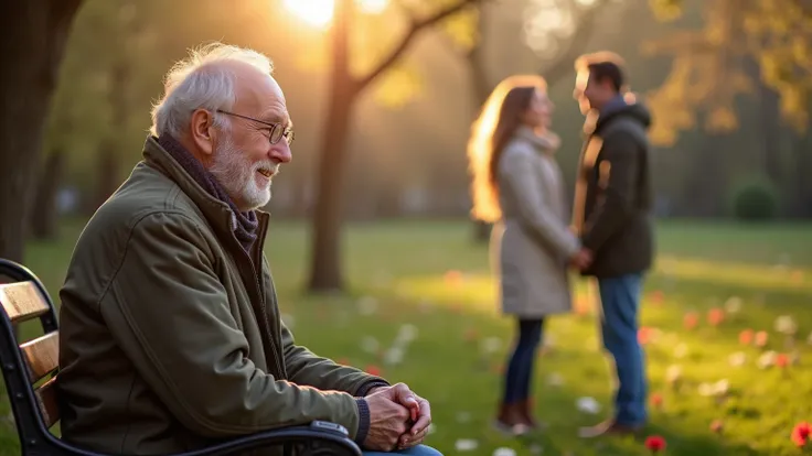 A masterpiece photo of an old man, sitting on a park bench in a beautiful park, watching a happy teenage couple holding hands and in love. The old man remembers his own first love while seeing this couple, and a single happy tear falls down his face. Its a...