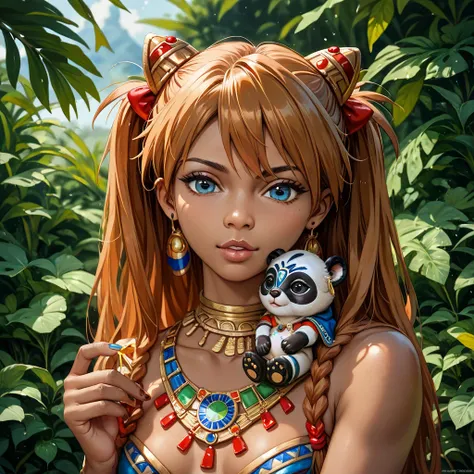 (( top quality)), ((masterpiece)), ( Details), （ perfect face）、The woman holding a black baby is Soryu Asuka Langley, a native tribe of African nudes