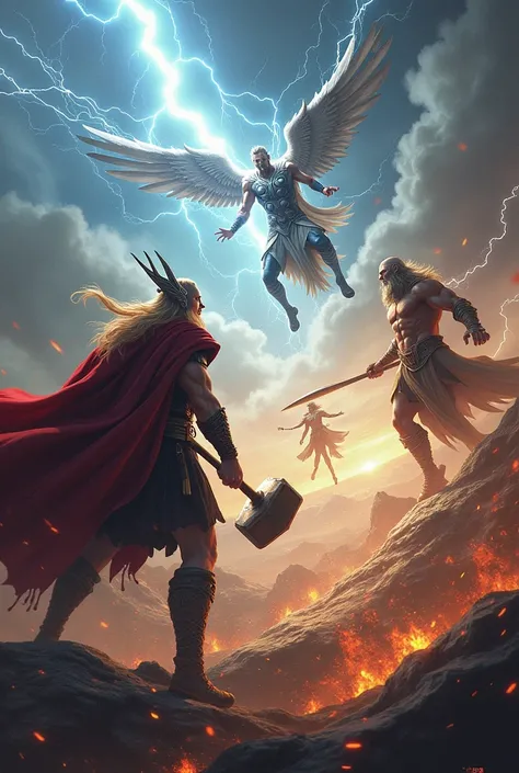  Generate an epic image for me with the flace Thor. Odin- _ And that he has the frace on top of the characters, that the frace is epic, very very epic, and Zeus appears flying with his epic lightning, that Tor appears with his hammer, mjoiler, that Odin ap...