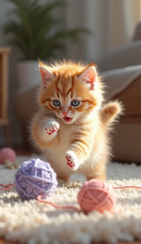 A hyper-realistic photograph of an adorable fluffy kitten with golden fur and sparkling blue eyes, playfully swatting at a ball of yarn in vibrant pastel colors. The kitten is mid-action, with its tiny paws reaching out, and its fluffy tail curled in excit...