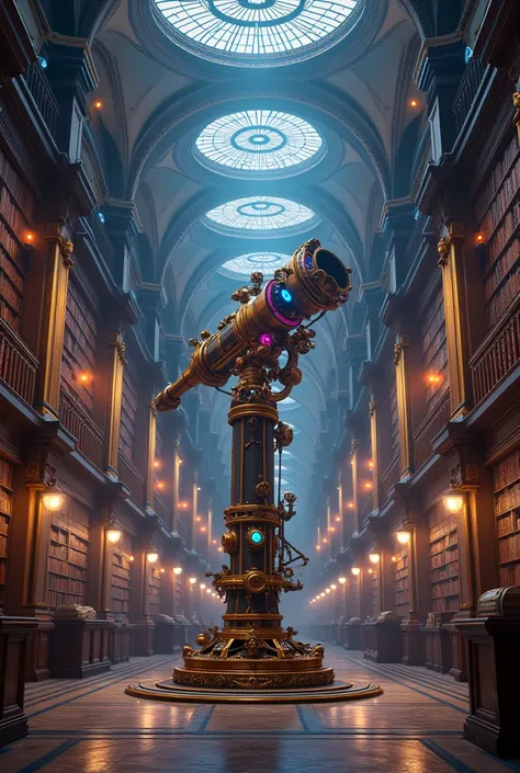 A vast steampunk library with a mechanical telescope at the center, with a mesmerizing blue and violet glow