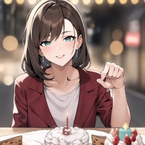 ( masterpiece, best_ quality),4K,8k,bokeh,absurdes, highres icon, ultra high resolution ,blurred background,woman, reife woman sieht den Betrachter an,facing viewer,close-up,smile,Earrings,open lips, collarbone ,outdoors, holds a birthday cake in his hands...