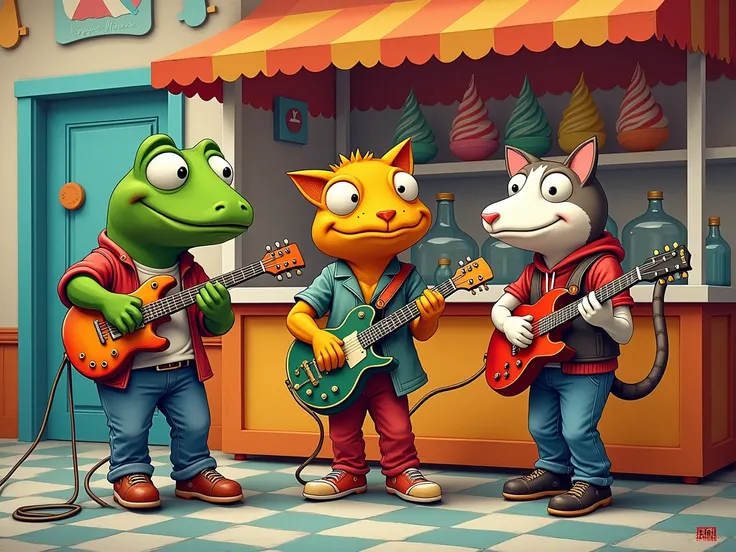 It creates an image of a classic rock band but that the musicians are characters from the stories of Rafael Pombo,  the musicians are a tadpole, A cat, La viejecita ,  Simón el Bobito ,  inspired by pop art , They are in an ice cream shop , The band is cal...