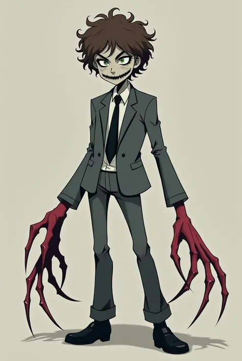  white humanoid creature with curly brown hair,young face, empty black eyes and green pupils , empty black smile without teeth ,tall and thin, in gray open suit with black tie , black shoes , black hands and sharp red claws ,long arms and very long legs, i...