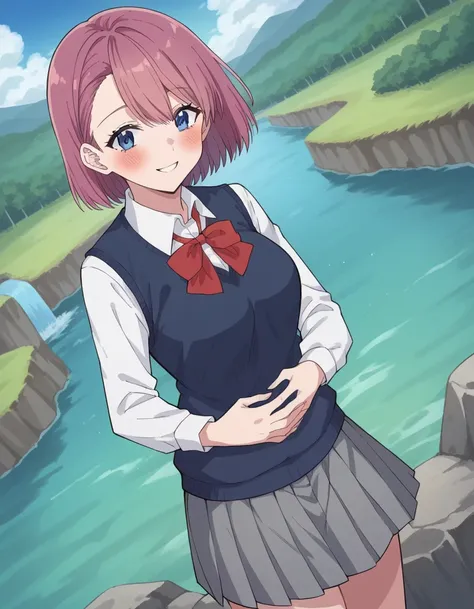 score_9, score_8_above, score_7_above, source_anime, Disturb,  short hair, cups,  Blue Eyes, pink hair, fringe,  medium breasts, mature female,, skirt, bow,  school uniform , jacket, pleated skirt, grey skirt, knitted vest,  collared shirt ,, water, Lake, ...