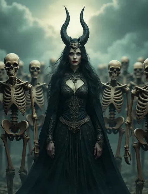 A beautiful witch commanding an army of skeletons 