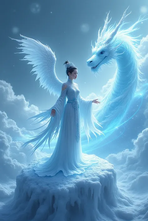 (((1girll)))，（Perfect facial features：1.4），Wearing an ancient Chinese Han Chinese costume，icey，ice wings，Splattered liquid，Wavy liquid，air bubble，standing on water，Behind him is a huge ice dragon，drank，Wave，Blue glow，（Frost wings），(((Powerful Ice Magic)))，...