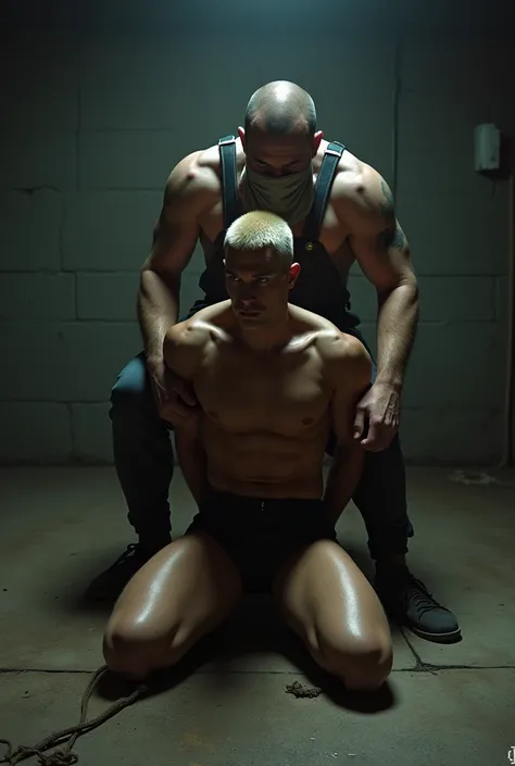 A 25 year old Russian guy with blonde buzz cut is sitting on the floor in the basement. He has a slight tan. He is wearing black tiny mini briefs and black socks. His hands are tied behind his back. Kneeling behind the Russian guy is a guy wearing overalls...