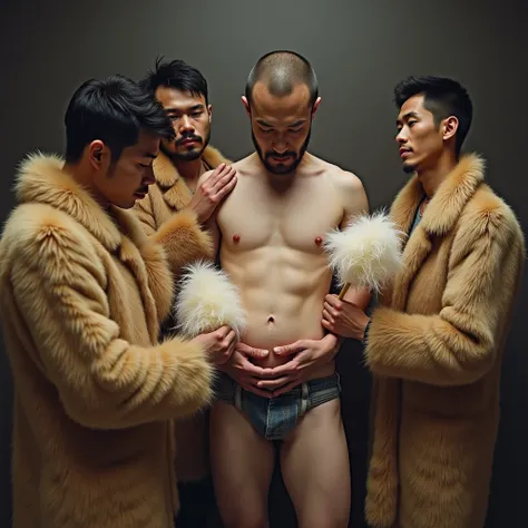 
Four young Japanese men in fur coats clean the middle mans belly with lots of feather dusters