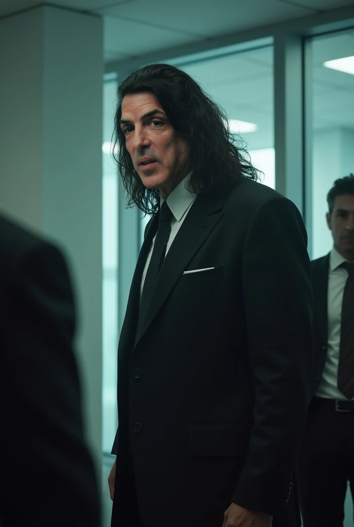 Claes Bang has long hair is scolding his subordinates at office. And he took out a gun and shot.And laugh out loud Claes Bang transform into a vampire 