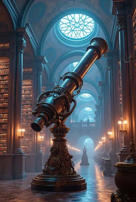 A vast steampunk library with a mechanical telescope at the center, with a mesmerizing blue and violet glow