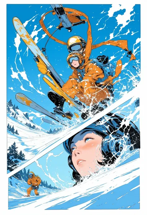 2comic panels, dynamic Ski Sprint scene, jump in the air, snow splash, motion blur, beautiful, realistic, close up shot from below.stylish,cool,speedy,high speed,face shown