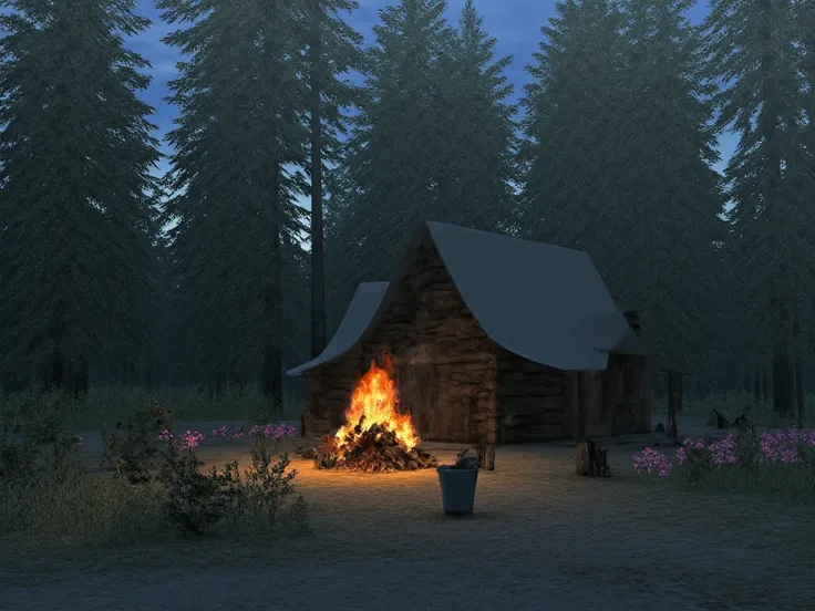 A camp hut with a campfire burning in front of the tent door in the forest next to a river