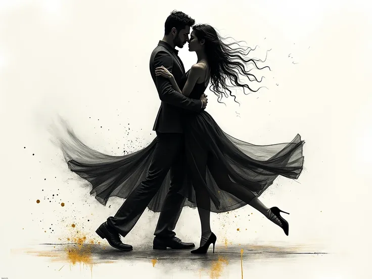 "A charcoal and ink composition of a couple dancing closely, their movements sketched in dynamic black lines. Subtle golden ink strokes highlight the connection between them."