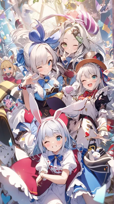 ( cute) Alice in Wonderland、 best quality 、heart、smile、beautiful、 Silver Hair、 winks( close one eye)、Ribbon on head( blue ribbon、Stand tall)、 Light Shines In 、beautiful fingers、 Alice in Wonderland(Guide Rabbit、Mad Hatter、 cheshire cat 、The Queen of Hearts...