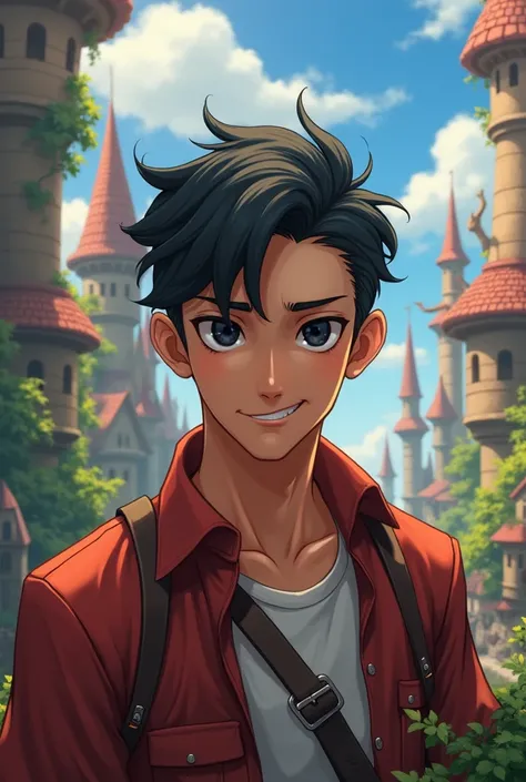 a medium length black-haired man, slightly tanned with slicked-back hair, black eyes and a mocking smile in fantasy kingdom, young, without beard, nonchalant