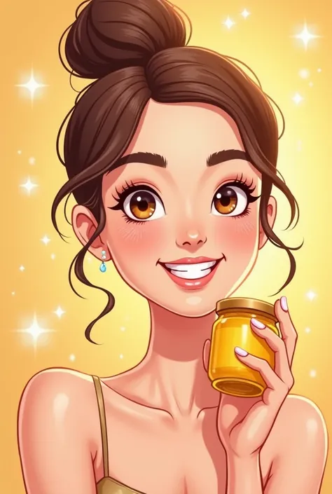 A cheerful young woman with glowing, flawless skin, surrounded by a soft, pastel-colored background. Her face is smooth and radiant, with exaggerated cartoonish features like large, sparkling eyes and a big, friendly smile. The woman is holding a jar of ho...